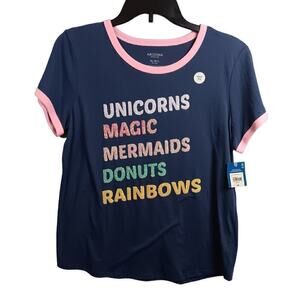 NWT Arizona Girls Blue Pink Short Sleeve Top Glitter Words XL